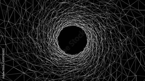 Geometric shapes from the black lines. Wireframe polygonal element. Black and white wireframe geometric shapes tunnel grid on a black background.