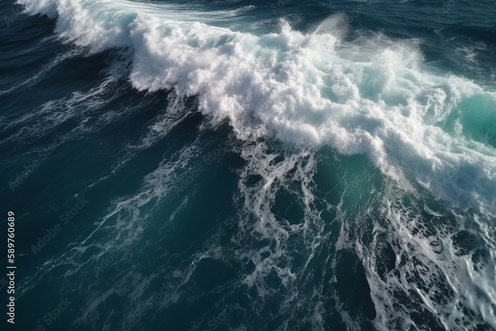 Spectacular aerial top view background photo of ocean sea water white wave splashing in the deep sea. Drone photo backdrop of sea wave in bird eye waves, Generative AI	