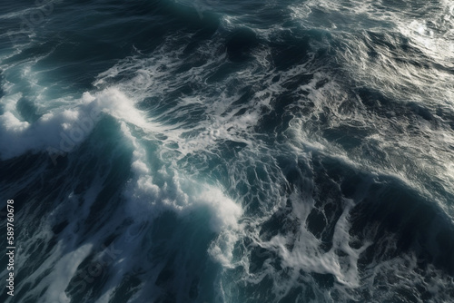 photo of ocean sea water white wave splashing in the deep sea. Drone photo backdrop of sea wave in bird eye waves, Generative AI 