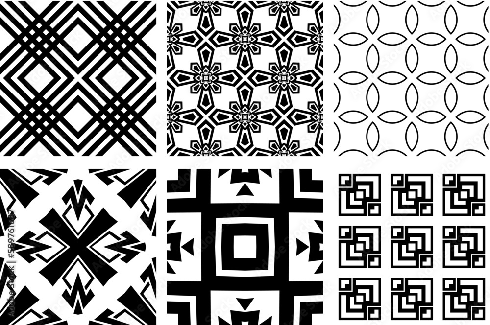 Set of six black and white seamless patterns. monochromatic tiles on white background Set of six black and white seamless patterns. monochromatic tiles on white background