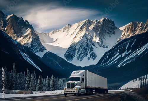 large white transport truck travelling on trans Canada highway in British Columbia Canada with scenic mountains mountaineous scenery in background good winter road conditions. Generative AI photo