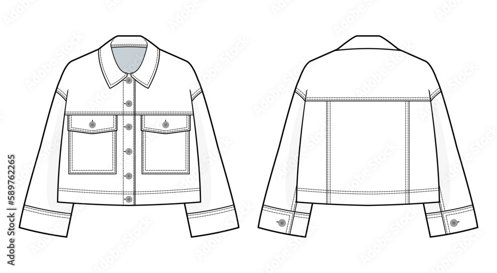 Oversized Denim jacket fashion technical drawing template. with patch ...
