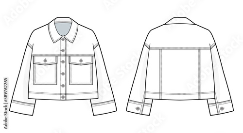 Oversized Denim jacket fashion technical drawing template. with patch pockets on the front. Denim jacket technical fashion Illustration, front, and back view, white, unisex, CAD mockup set.