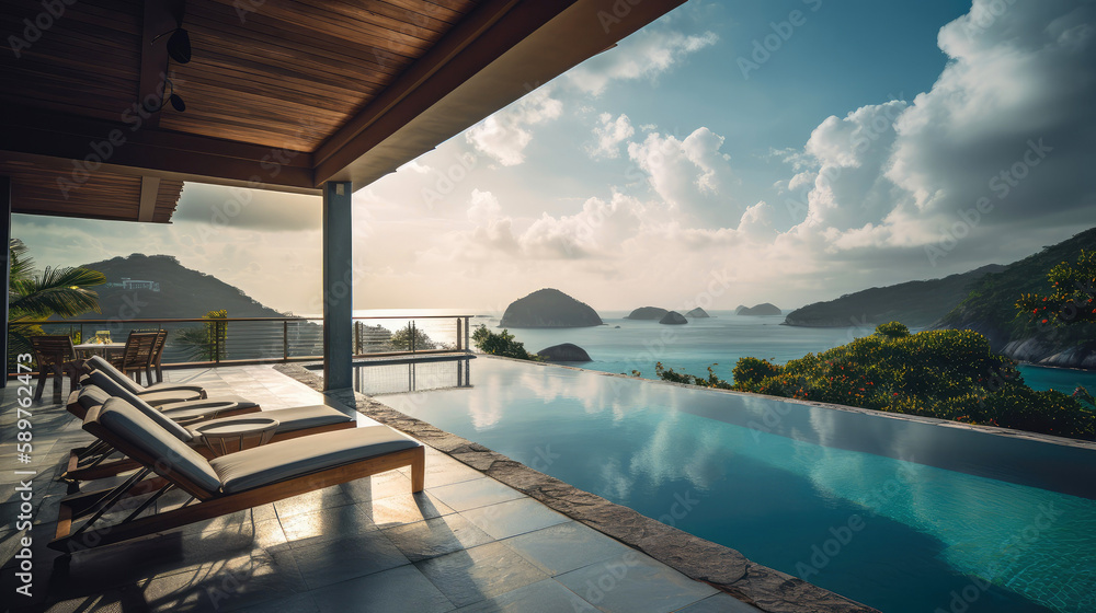Fototapeta premium Patio with an infinity pool in the Seychelles. Generative AI