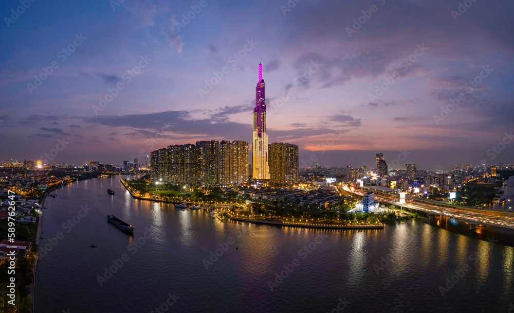 view of the sunset at  Landmark tower, Ho Chi Minh city, Vietnam in February 2023.