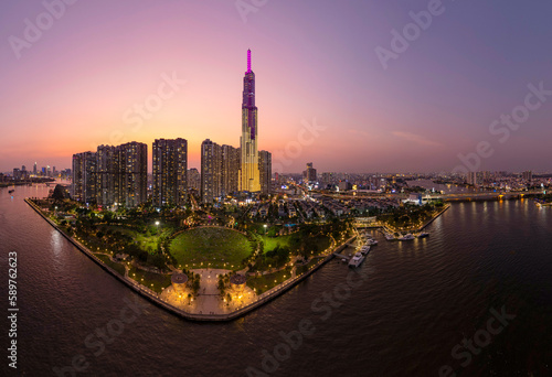 view of the sunset at  Landmark tower, Ho Chi Minh city, Vietnam in February 2023.