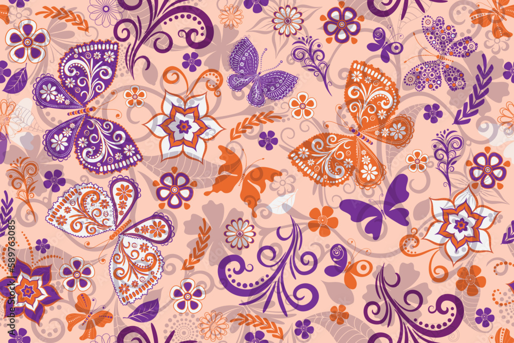 Vector seamless spring pattern with openwork butterflies and flowers Vector seamless spring pattern with openwork butterflies and flowers
