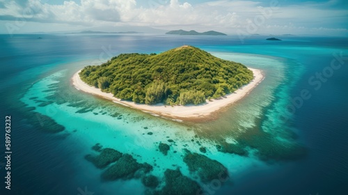 Tropical island top aerial view. Generative AI © saicle