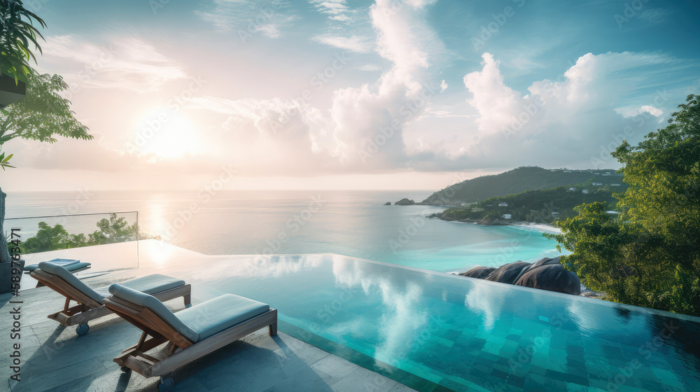 Patio with an infinity pool in the Seychelles. Generative AI