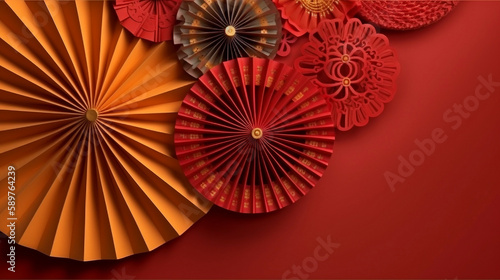 Paper fan medallion Chinese new year decoration Concept of Happy Chinese New Year Festival background