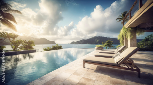 Patio with an infinity pool in the Seychelles. Generative AI © piai