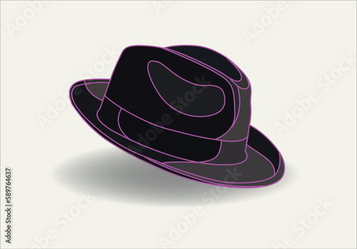 Fedora hat, side view. Wool or felt fabric, dark grey, black color. Men, unisex head accessory. Realistic style graphic vector illustration.