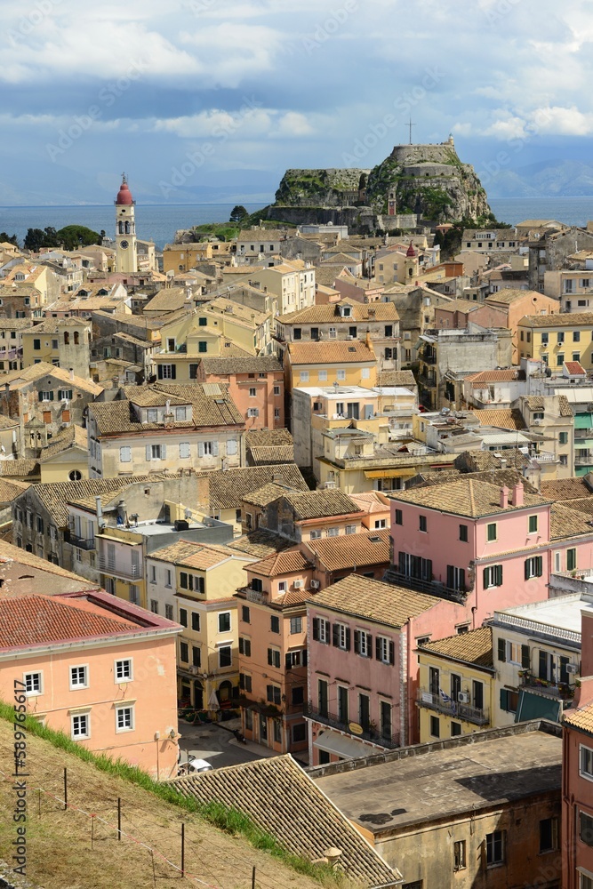 Corfu town, Corfu island, Greece- Aerial view from the 15th century Venetian Fort in Spring.