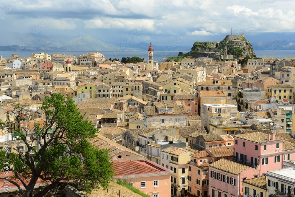 Corfu town, Corfu island, Greece- Town rooftop view from the 15th century Venetian Fort in Spring.