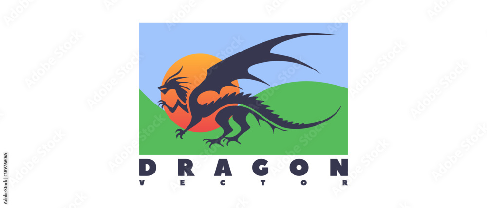 Vector simple stencil of a dragon against the background of the sun and a blue-green rectangle. White isolated background. Vector simple stencil of a dragon against the background of the sun and a blue-green rectangle. White isolated background.