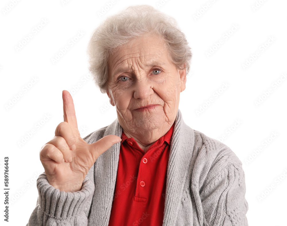 Senior woman showing loser gesture on white background Senior woman showing loser gesture on white background
