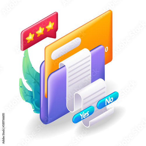 Trending 3D Isometric, cartoon illustration. Receiving and storing invoices in a folder. Automatic bill payment. Cash back accrual, commission. Vector