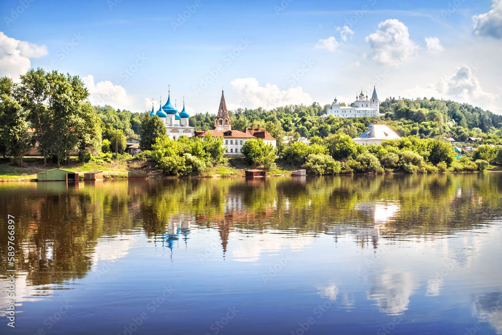 Summer landscape on the Klyazma river and cathedrals on the hill, Gorokhovets
