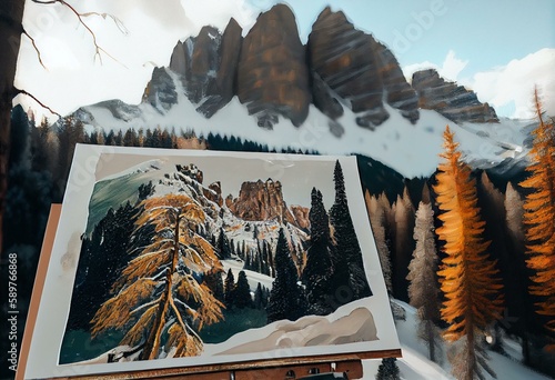 Illustration with oil painting technique of north face of Mount Pelmo and larch forest in winter conditions. Selva di Cadore, Dolomites, Italy. Generative AI photo