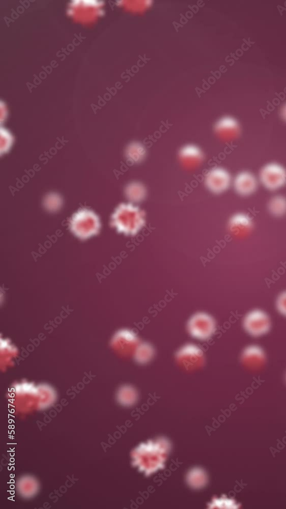 Animation of covid 19 cells floating over red background Animation of covid 19 cells floating over red background