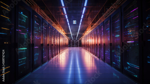 High-tech and futuristic interior of a massive data center. Generative AI