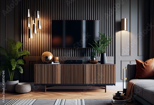 TV area in living room close up, fluted wooden panel with modern decoration, pendant light, living room interior background, tv screen, 3d rendering. Generative AI photo
