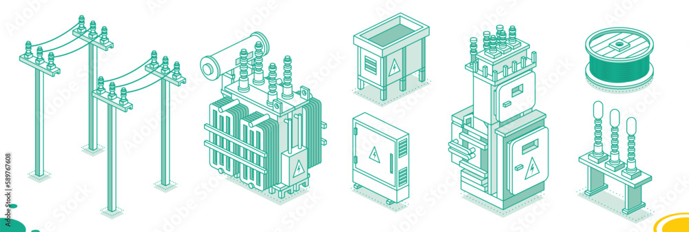 Isometric Electrical Transformer Set. Outline Energy Objects. High-Voltage Power Substation Isolated on White.