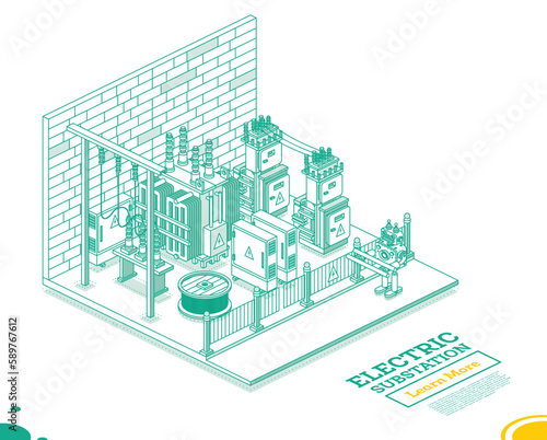 Isometric Energy Substation Interior. Electric Transformer. Outline Concept. Green Color. Part of Distribution Chain.