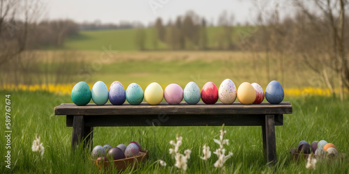 colorful painted easter eggs on wooden bench in front of flower meadow with trees photo