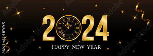 2024 Happy new year with Golden Texture Numbers, clock and light.