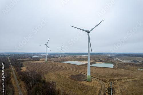 Aerial beautiful spring day view of wind power plant, Lithuania