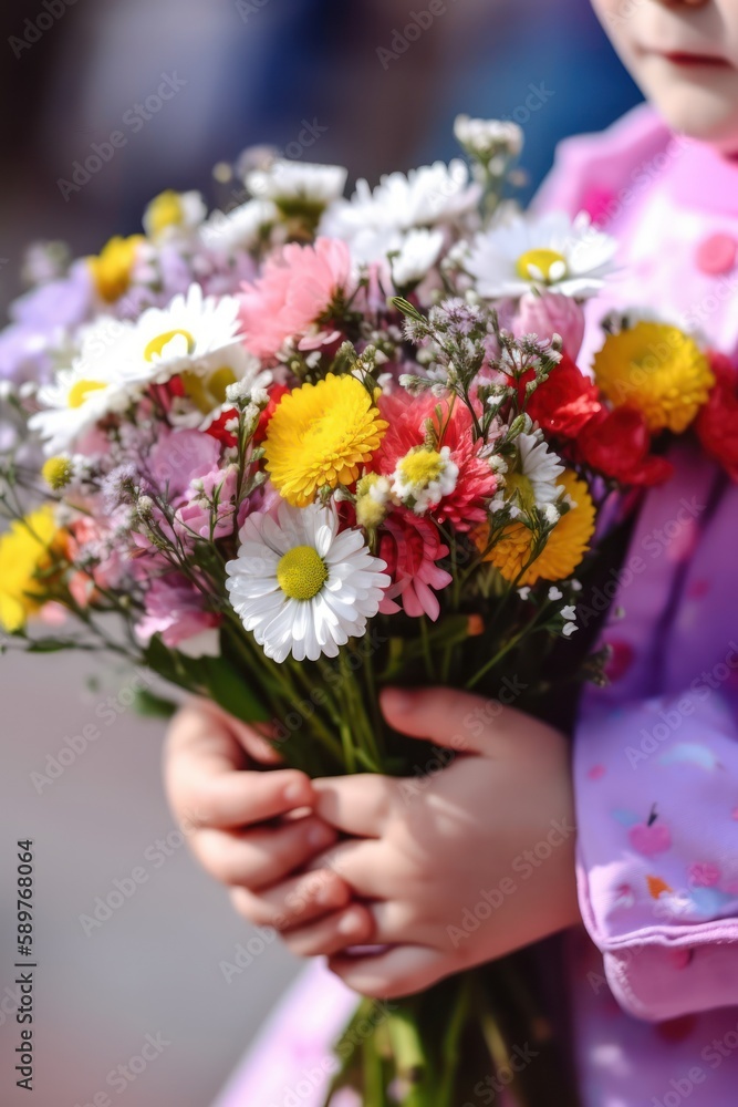 Mothers day. Little girl holding a bouquet of flowers, close up view. Generative AI