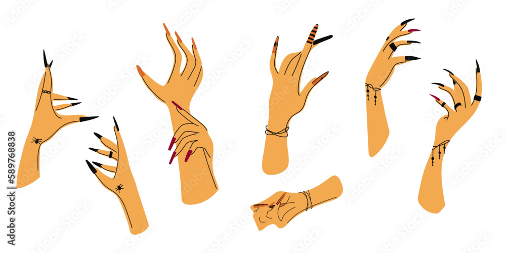 Fototapeta premium Witch hands with black nails, and rings. Boho style. Flat illustration. Vector.