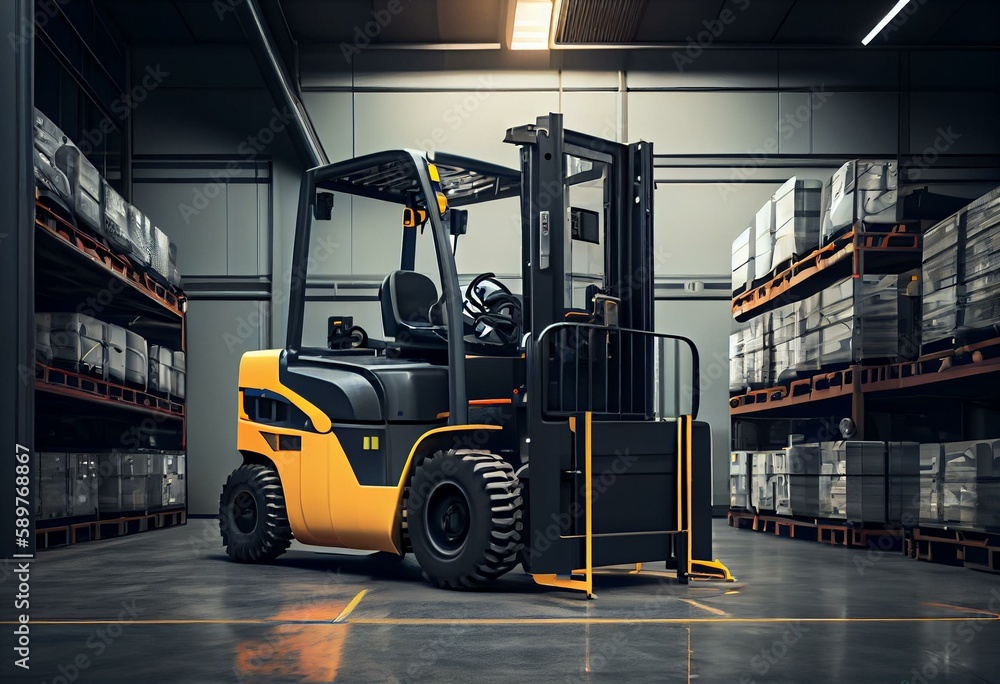 Electric forklift loading goods to truck. Interior view in modern ...