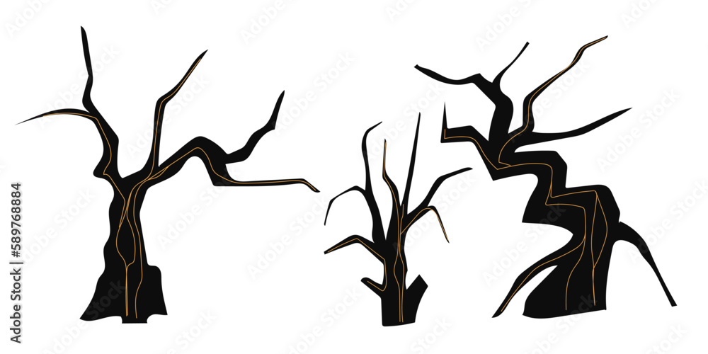 Dead tree vector set, spooky autumn bark, dry naked branch silhouette, scary halloween forest. Winter graveyard oak wood kit, leafless trunk clipart on white, bare roots. Dead tree environment icon Dead tree vector set, spooky autumn bark, dry naked branch silhouette, scary halloween forest. Winter graveyard oak wood kit, leafless trunk clipart on white, bare roots. Dead tree environment icon