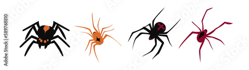 Collection of Spider, cobweb, isolated on white. Spiderweb for Halloween design. Spider web elements, spooky, scary, horror Halloween decor. Hand drawn silhouette, vector.