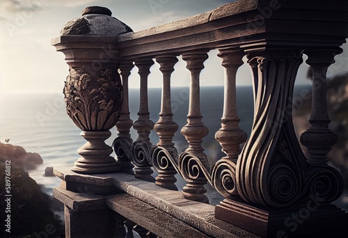 Fototapeta terrace with stone balustrade overlooking a coastal landscape, generative AI