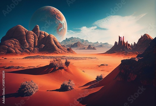 landscape on planet Mars, scenic desert surrounded by mountains, red planet surface. Generative AI