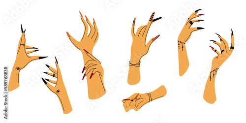 Witch hands with black nails, and rings. Boho style. Flat illustration. Vector.