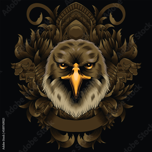 cat hawk illustration with baroque ornament