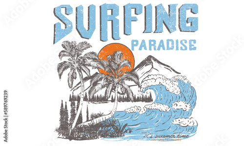 Surfing paradise vector t-shirt design. Surfing in beach artwork. Surfing club vector design. Big wave.