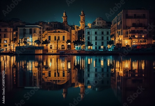 View of harbor and Valletta old town at night with reflection in water. Night Valletta. City center. Generative AI