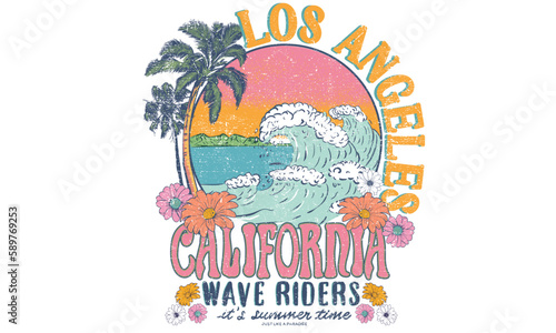 California golden state graphic print. Summer good vibes artwork for apparel. palm long beach illustration vector. Summer flower print. Los angels. Big wave.