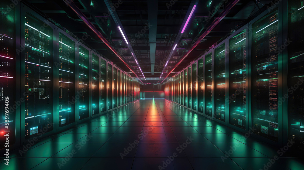 High-tech and futuristic interior of a massive data center. Generative AI High-tech and futuristic interior of a massive data center. Generative AI