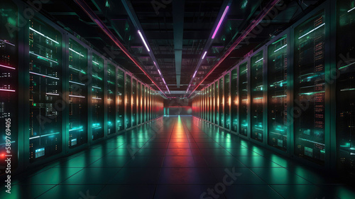 High-tech and futuristic interior of a massive data center. Generative AI © piai