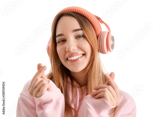 Young woman in headphones m...