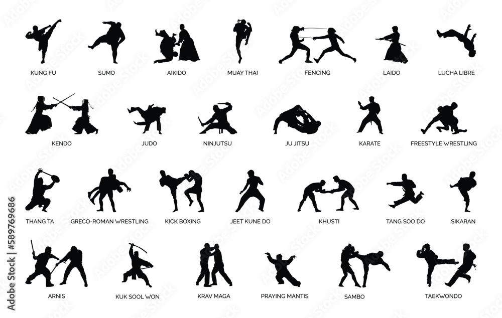 Types of Martial Arts Silhouettes.