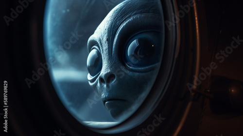 Blue alien creature looking through a round window in space station created with Generative AI