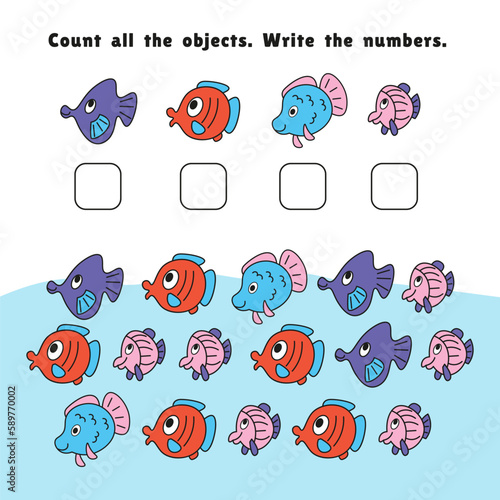 How many objects in the picture. Game for children. Count and write numbers. Educational puzzle game for children. Sea animals in cartoon style. Vector illustration.