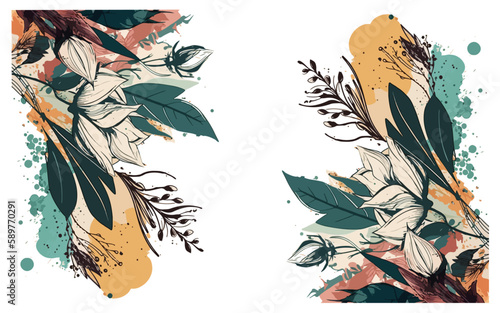 abstract botanic seamless border, rim with exotic flowers and leaves, and transparent background. floral pattern. fashion arrangements with tropical colorful leaf. 